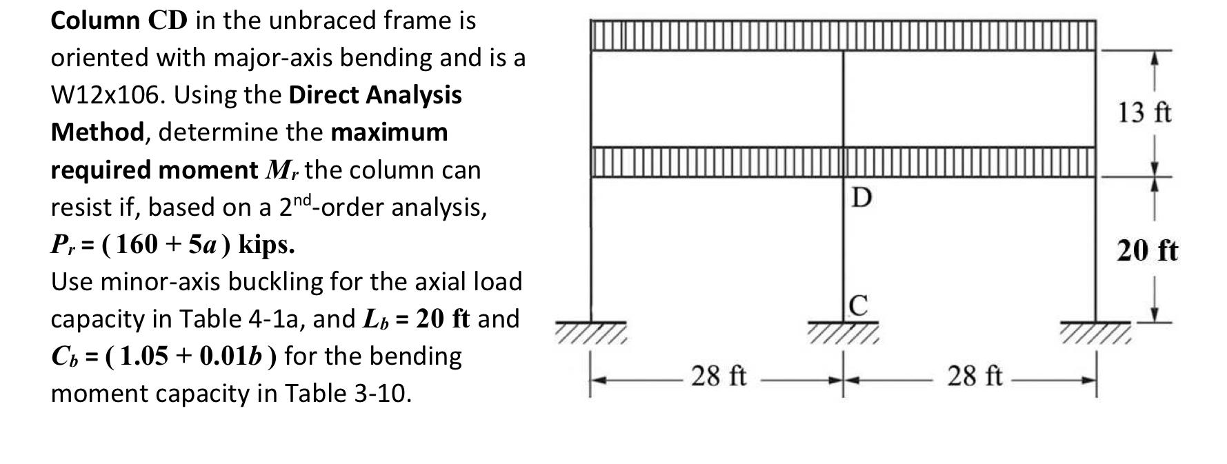 13 Ft D Column Cd In The Unbraced Frame Is Oriented With Major Axis Bending And Is A W12x106 Using The Direct Analysis 1