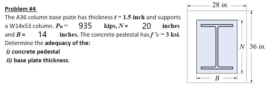 28 In Problem 4 The A36 Column Base Plate Has Thickness T 1 5 Inch And Supports A W14x53 Column Pu 935 Kips N 20 1