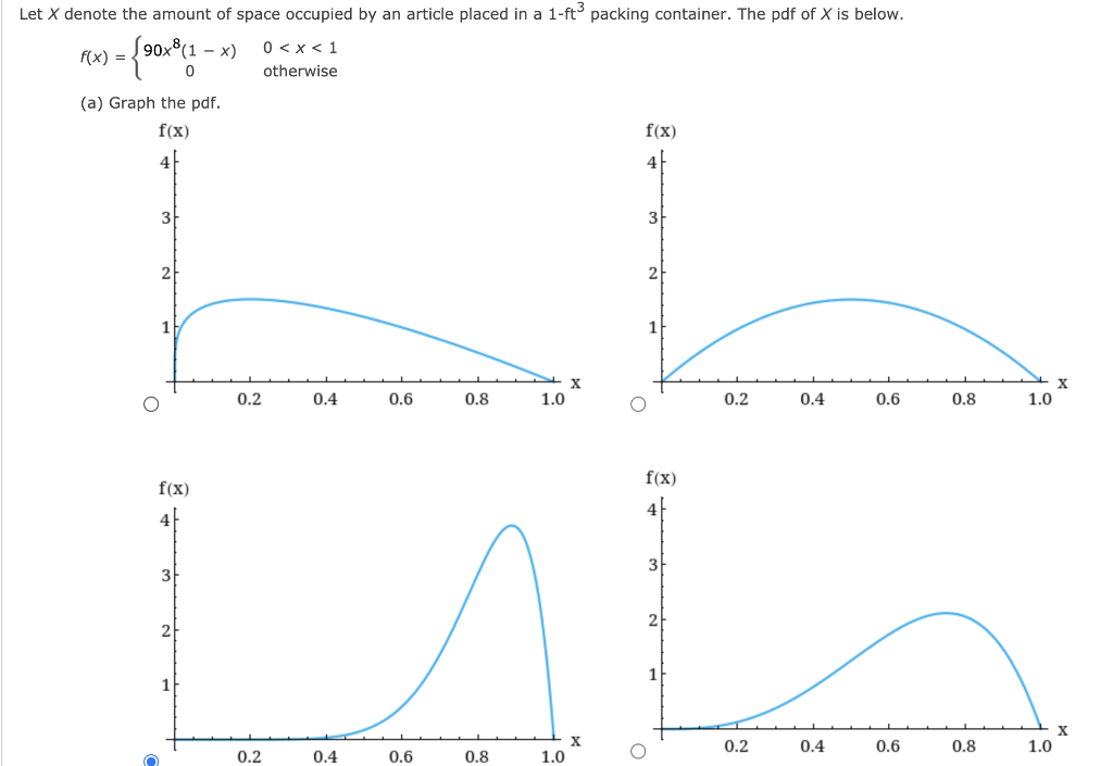 Let X Denote The Amount Of Space Occupied By An Article Placed In A 1 Ft Packing Container The Pdf Of X Is Below F X 1