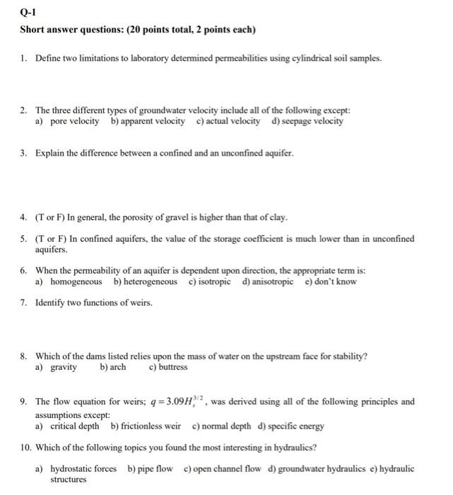 Q 1 Short Answer Questions 20 Points Total 2 Points Each 1 Define Two Limitations To Laboratory Determined Permeabi 1