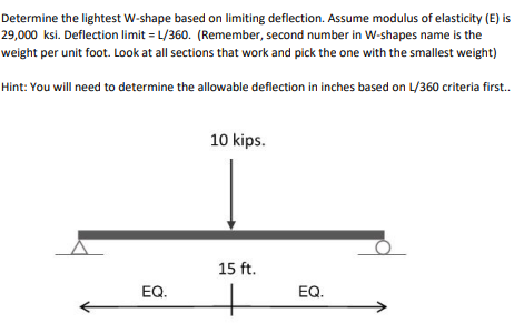 Determine The Lightest W Shape Based On Limiting Deflection Assume Modulus Of Elasticity E Is 29 000 Ksi Deflection 1