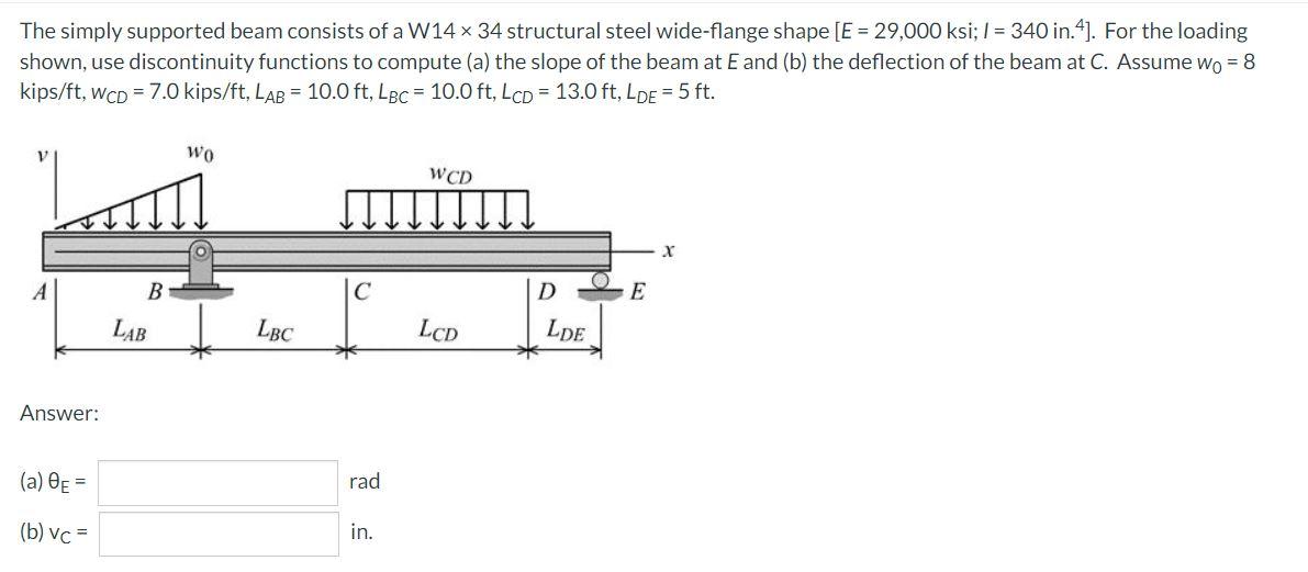 The Simply Supported Beam Consists Of A W14 34 Structural Steel Wide Flange Shape E 29 000 Ksi I 340 In 4 For Th 1