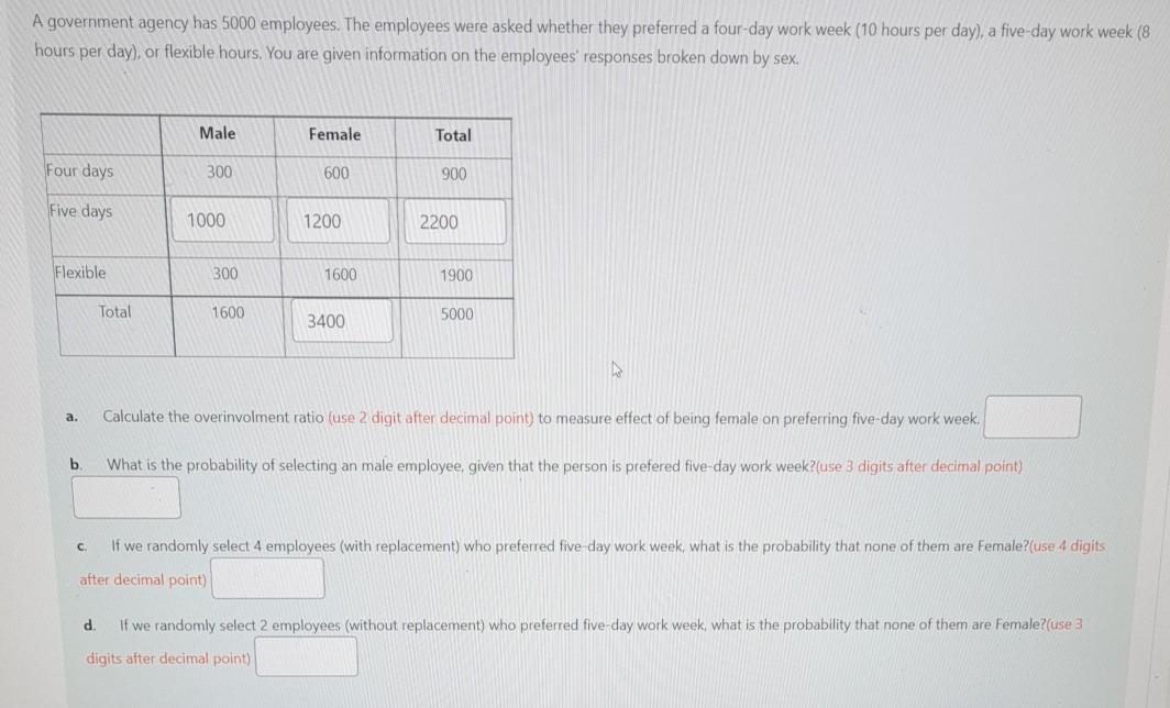 A Government Agency Has 5000 Employees The Employees Were Asked Whether They Preferred A Four Day Work Week 10 Hours P 1