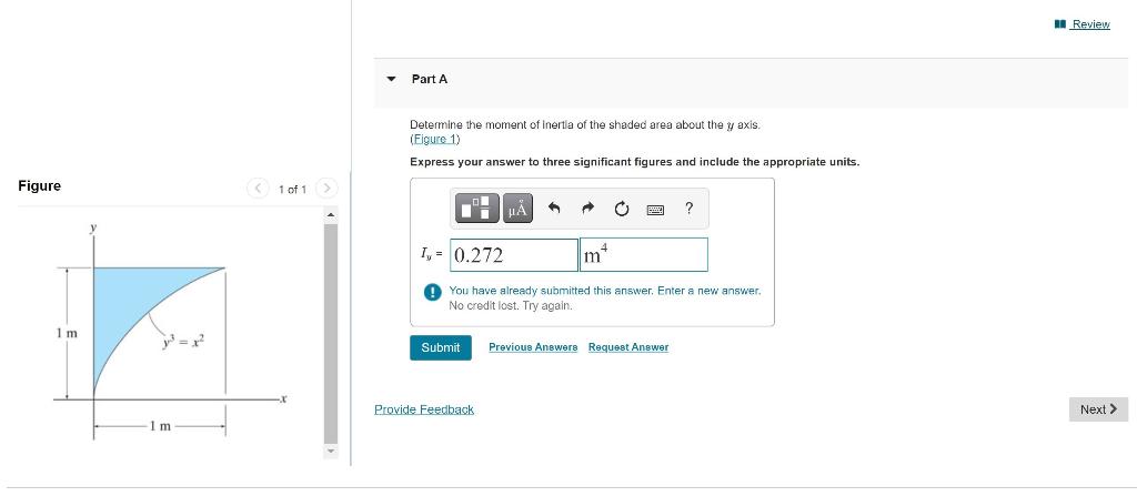 A Review Part A Determine The Moment Of Inertia Of The Shaded Area About The Y Axis Figure 1 Express Your Answer To T 1