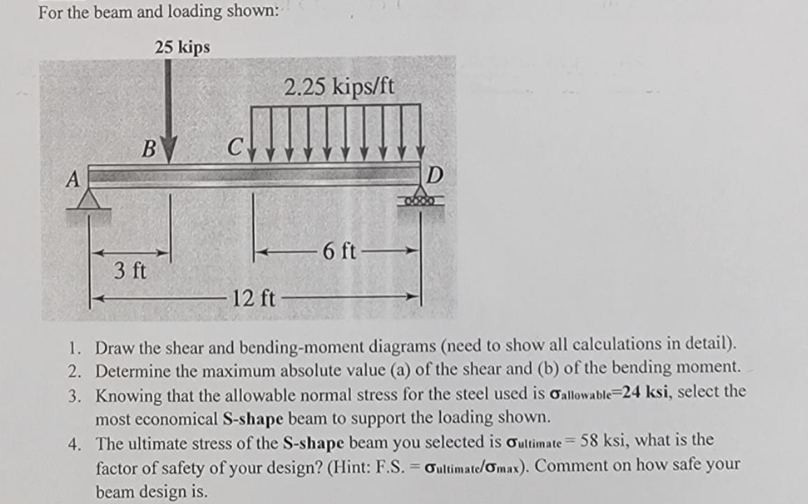 For The Beam And Loading Shown 25 Kips 2 25 Kips Ft B D 6 Ft 3 Ft 12 Ft 1 Draw The Shear And Bending Moment Diagrams 1