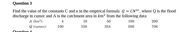 Question 3 Find The Value Of The Constants C And N In The Empirical Formula Q Cn Where Q Is The Flood Discharge In C 1