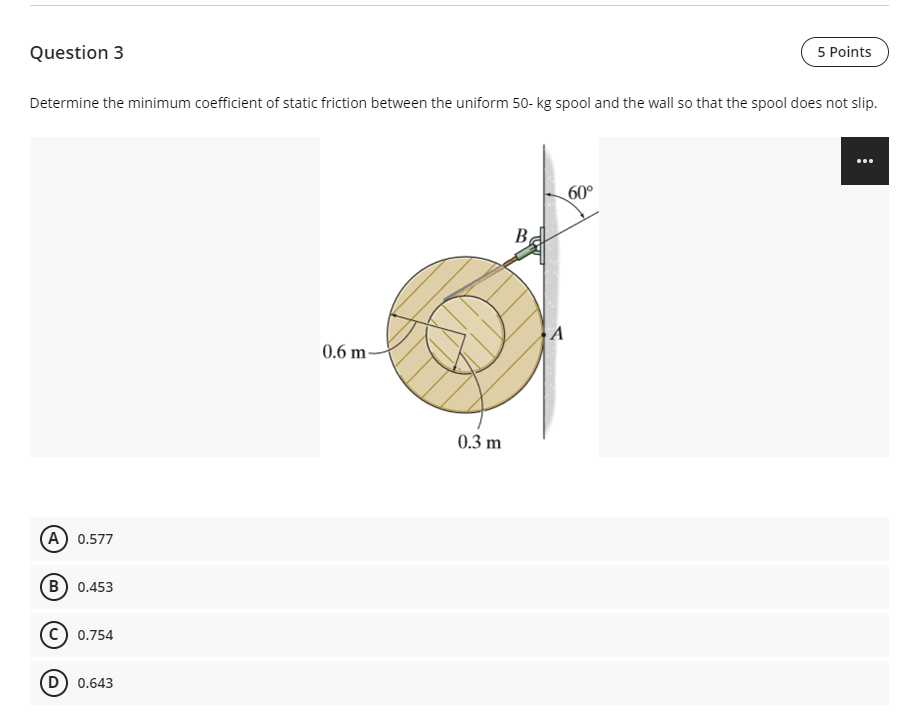Question 3 5 Points Determine The Minimum Coefficient Of Static Friction Between The Uniform 50 Kg Spool And The Wall So 1