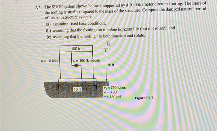 7 7 The Sdof System Shown Below Is Supported By A 10 Ft Diameter Circular Footing The Mass Of The Footing Is Small Comp 1