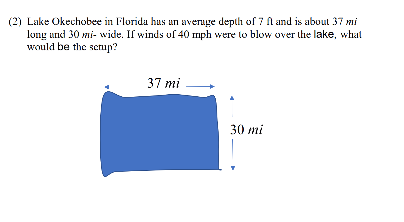 2 Lake Okechobee In Florida Has An Average Depth Of 7 Ft And Is About 37 Mi Long And 30 Mi Wide If Winds Of 40 Mph W 1