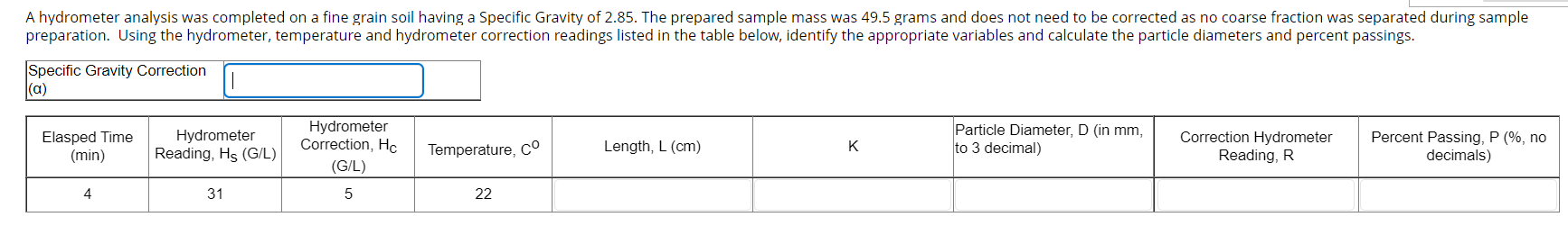 A Hydrometer Analysis Was Completed On A Fine Grain Soil Having A Specific Gravity Of 2 85 The Prepared Sample Mass Was 1