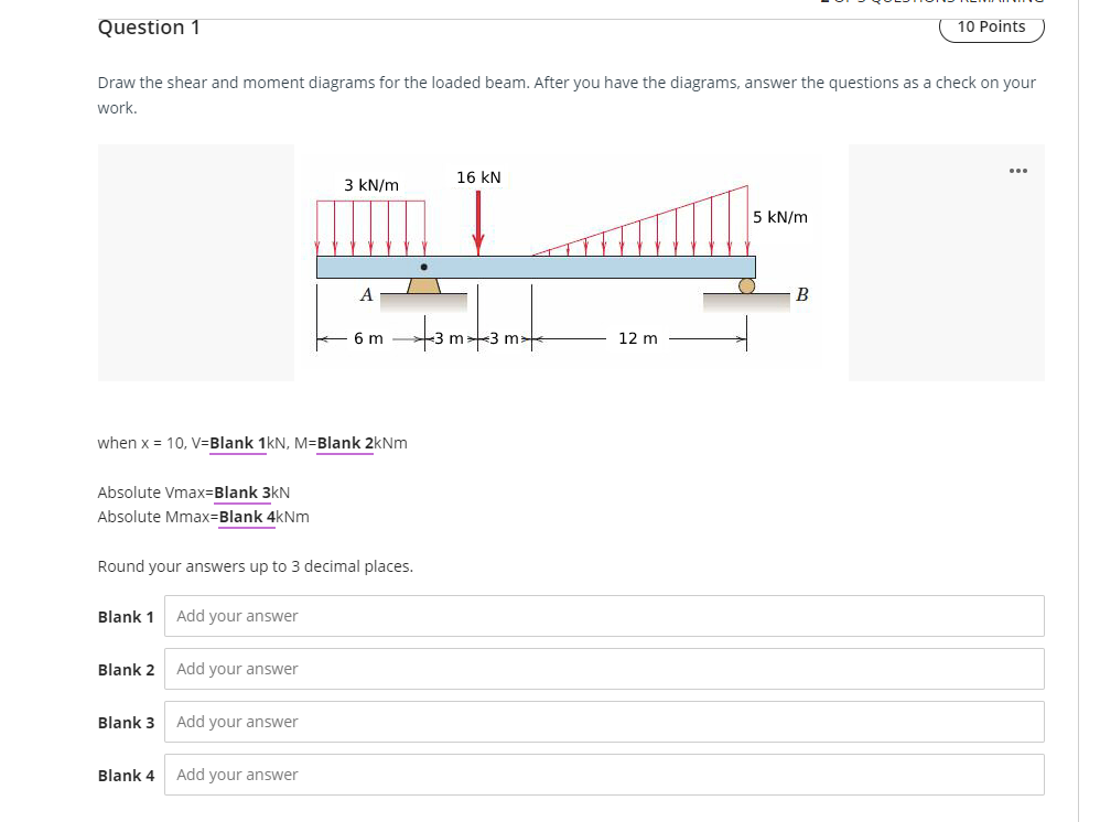 Question 1 10 Points Draw The Shear And Moment Diagrams For The Loaded Beam After You Have The Diagrams Answer The Que 1