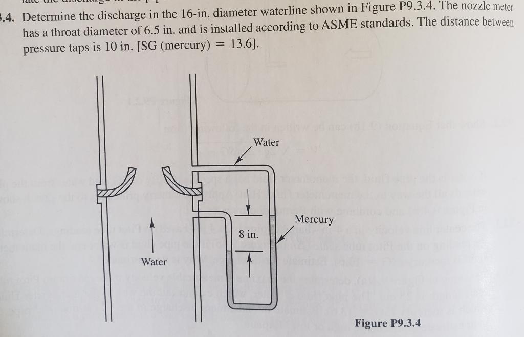 3 4 Determine The Discharge In The 16 In Diameter Waterline Shown In Figure P9 3 4 The Nozzle Meter Has A Throat Diam 1