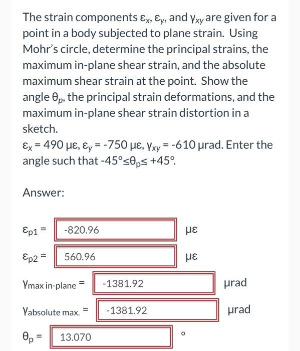 The Strain Components Ex Ey And Yxy Are Given For A Point In A Body Subjected To Plane Strain Using Mohr S Circle De 1