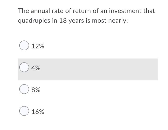 The Annual Rate Of Return Of An Investment That Quadruples In 18 Years Is Most Nearly O 12 4 8 O 16 1