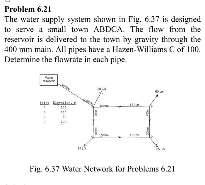 Problem 6 21 The Water Supply System Shown In Fig 6 37 Is Designed To Serve A Small Town Abdca The Flow From The Reser 1