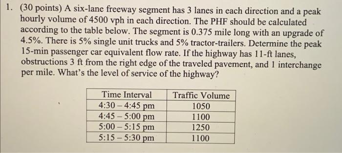 1 30 Points A Six Lane Freeway Segment Has 3 Lanes In Each Direction And A Peak Hourly Volume Of 4500 Vph In Each Dir 1