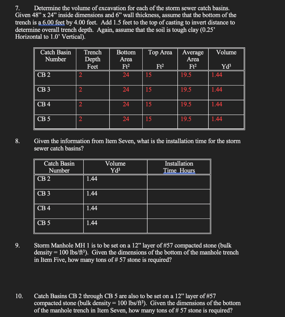 7 Determine The Volume Of Excavation For Each Of The Storm Sewer Catch Basins Given 48 X 24 Inside Dimensions And 6 1