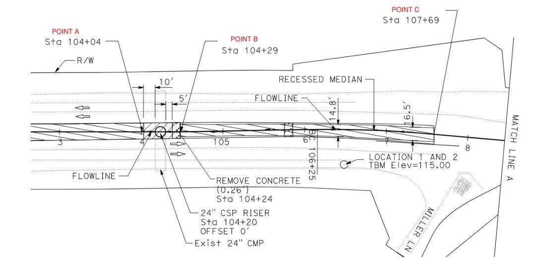 Point Sta 107 69 Point A Sta 104 04 Point B Sta 104 29 R W 101 Recessed Median Flowline 16 5 W 60 105 8 106 25 Match Li 1