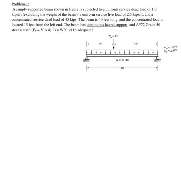 Problem 1 A Simply Supported Beam Shown In Figure Is Subjected To A Uniform Service Dead Load Of 1 0 Kips Ft Excluding 1