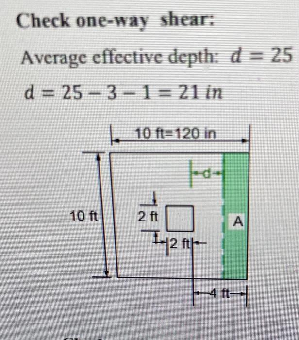 Check One Way Shear Average Effective Depth D 25 D 25 3 1 21 In 10 Ft 120 In 10 Ft 2 Ft A 142 Fthe Th 1