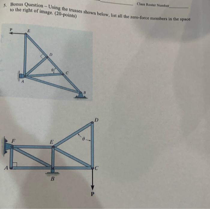 5 Bonus Question Using The Trusses Shown Below List All The Zero Force Members In The Space To The Right Of Image 1