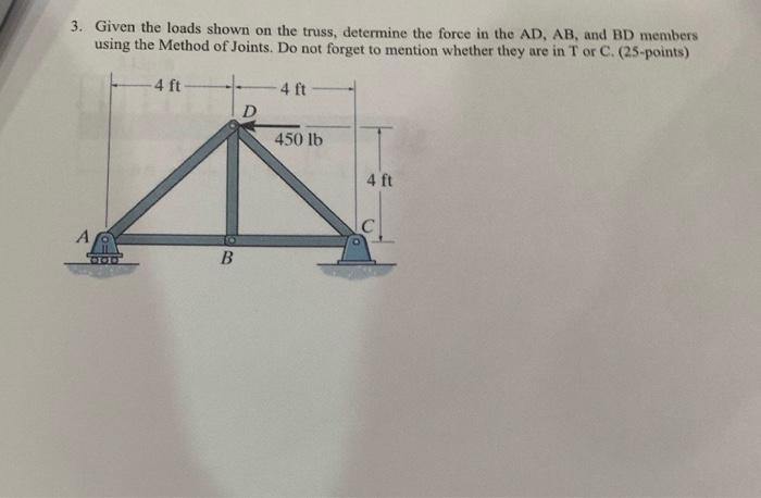 3 Given The Loads Shown On The Truss Determine The Force In The Ad Ab And Bd Members Using The Method Of Joints Do 1
