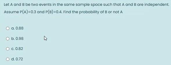 Let A And B Be Two Events In The Same Sample Space Such That A And B Are Independent Assume P A 0 3 And P B 0 4 Find 1