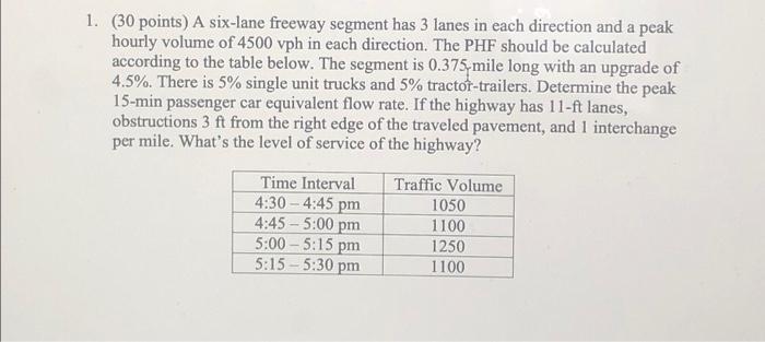 1 30 Points A Six Lane Freeway Segment Has 3 Lanes In Each Direction And A Peak Hourly Volume Of 4500 Vph In Each Dir 1