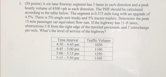 1 30 Points A Six Lane Freeway Segment Has 3 Lanes In Each Direction And A Peak Hourly Volume Of 4500 Vph In Each Dir 1