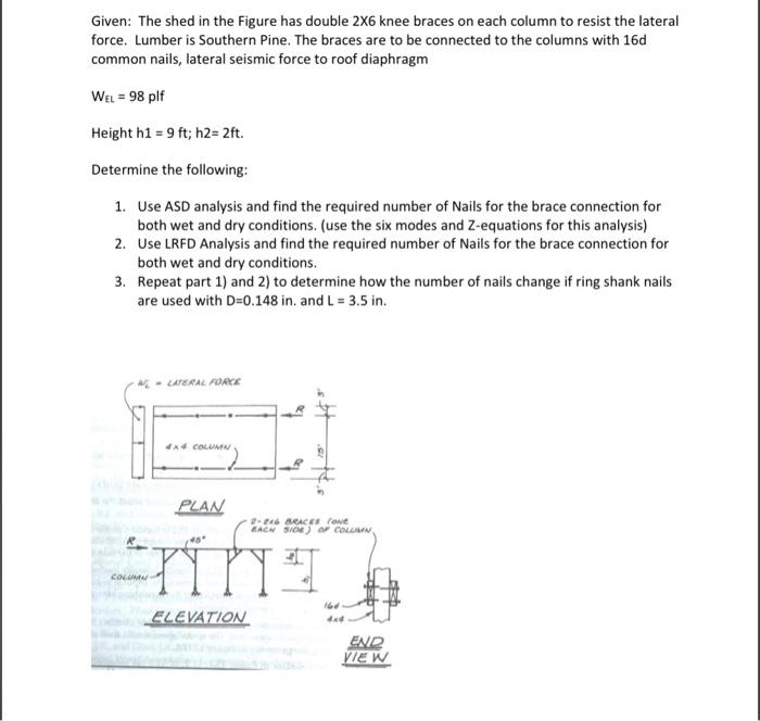 Given The Shed In The Figure Has Double 2x6 Knee Braces On Each Column To Resist The Lateral Force Lumber Is Southern 1