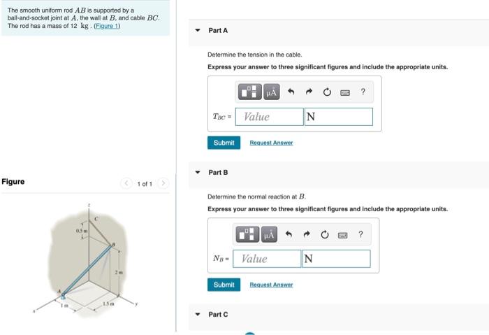 The Smooth Uniform Rod Ab Is Supported By A Ball And Socket Joint At A The Wall At B And Cable Bc The Rod Has A Mass 1