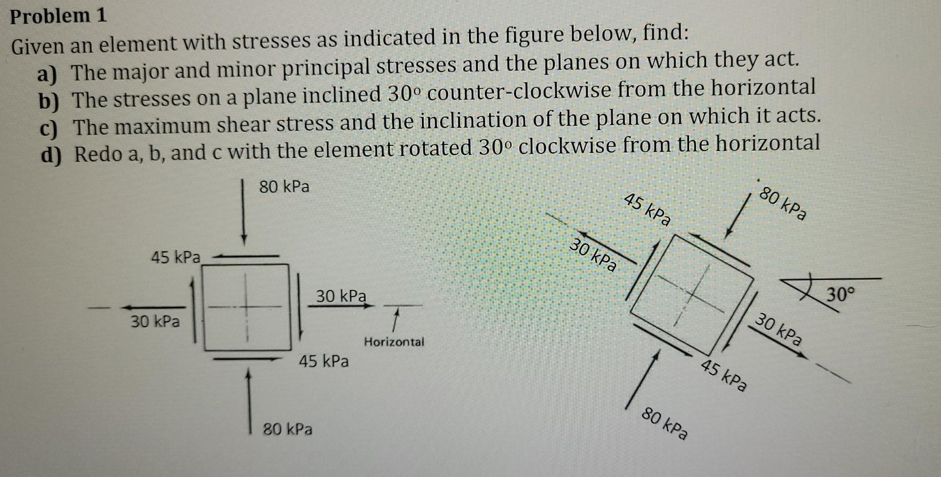 Problem 1 Given An Element With Stresses As Indicated In The Figure Below Find A The Major And Minor Principal Stress 1