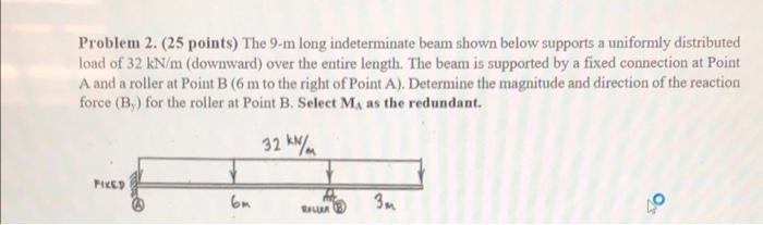 Problem 2 25 Points The 9 M Long Indeterminate Beam Shown Below Supports A Uniformly Distributed Load Of 32 Kn M Dow 1