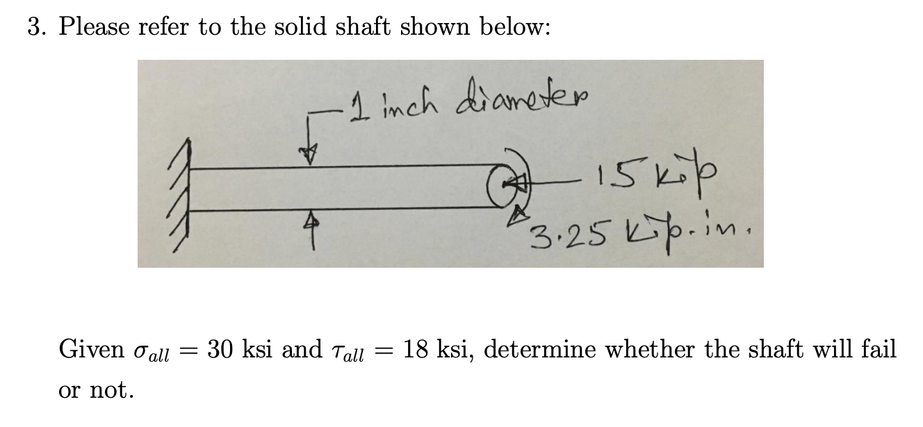 3 Please Refer To The Solid Shaft Shown Below 1 Inch Diameter C 15 Kip 3 25 Kip In Given O All 30 Ksi And Tall 18 K 1