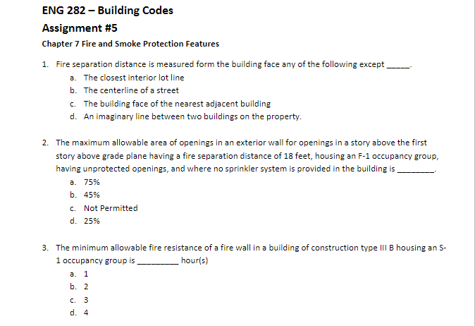 Eng 282 Building Codes Assignment 5 Chapter 7 Fire And Smoke Protection Features 1 Fire Separation Distance Is Measu 1
