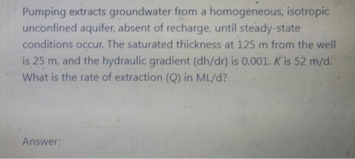 Pumping Extracts Groundwater From A Homogeneous Isotropic Unconfined Aquifer Absent Of Recharge Until Steady State Co 1