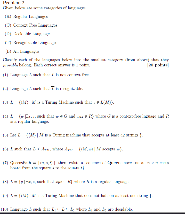 Problem 2 Given Below Are Some Categories Of Languages R Regular Languages C Context Free Languages D Decidable L 1