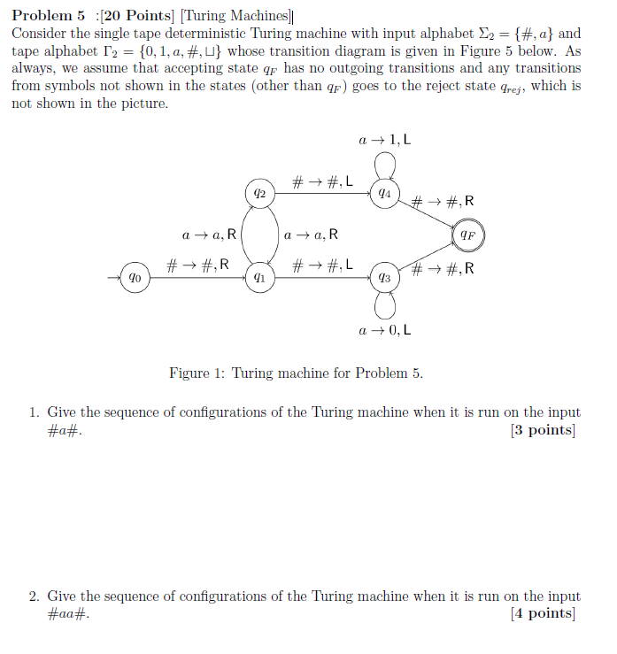 Problem 5 20 Points Turing Machines Consider The Single Tape Deterministic Turing Machine With Input Alphabet E2 1