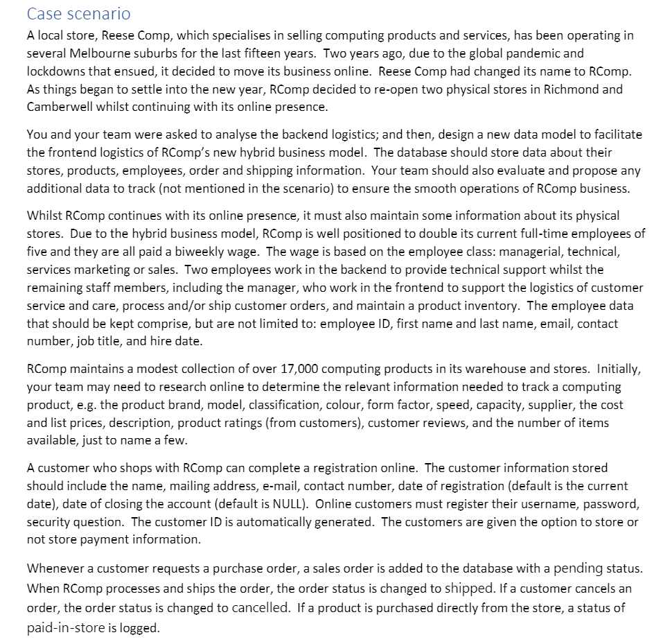 Case Scenario A Local Store Reese Comp Which Specialises In Selling Computing Products And Services Has Been Operatin 1
