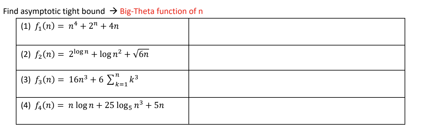 Find Asymptotic Tight Bound Big Theta Function Of N 1 Fi N N4 2n 4n 2 F2 N 2logn Log N Von N 3 F3 1