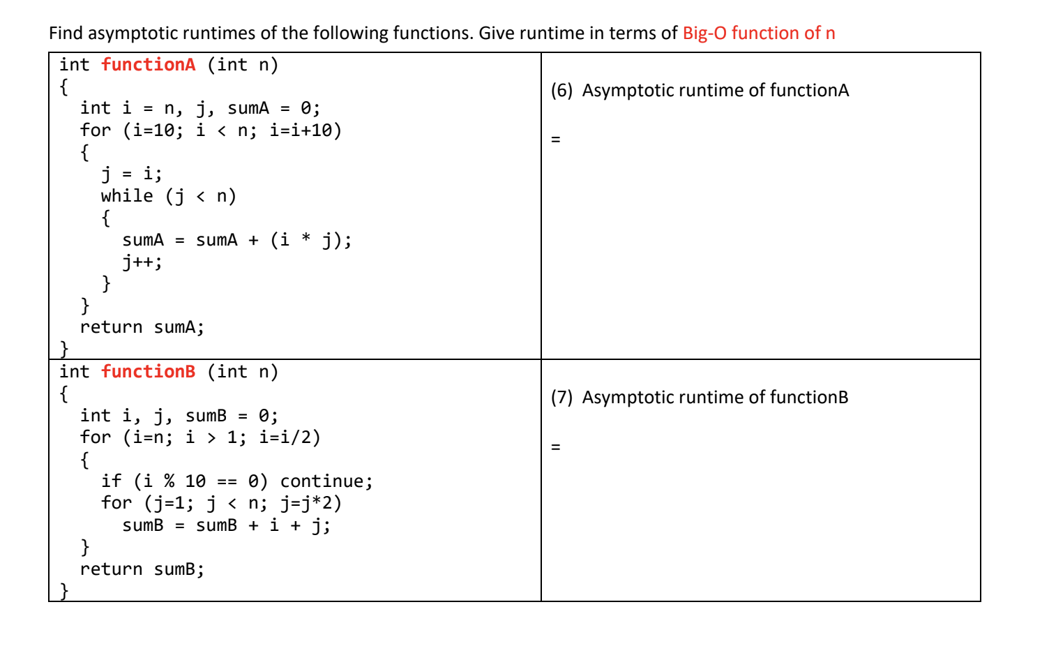 Find Asymptotic Runtimes Of The Following Functions Give Runtime In Terms Of Big O Function Of N Int Functiona Int N 1