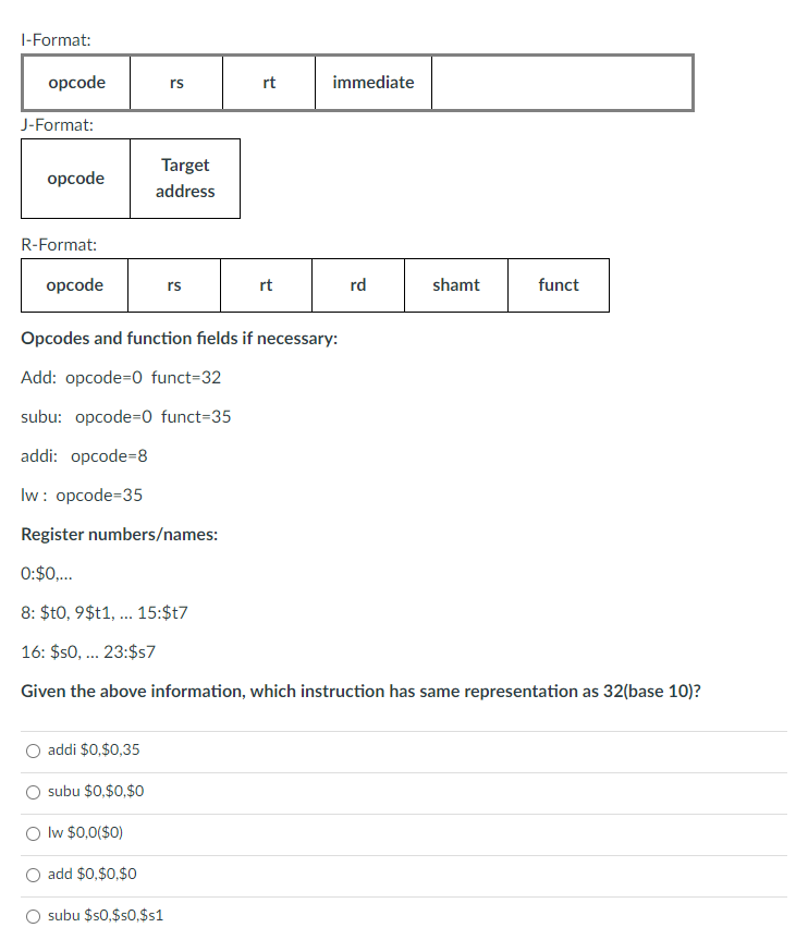 1 Format Opcode Rs Rt Immediate J Format Opcode Target Address R Format Opcode Rs Rt Rd Shamt Funct Opcodes And Funct 1