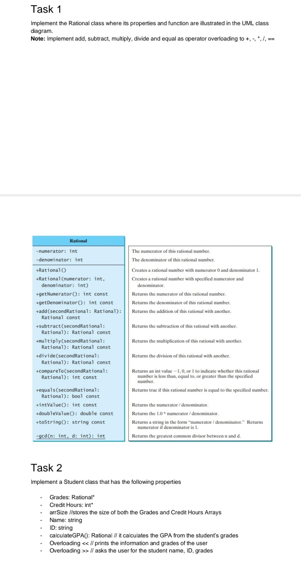 Task 1 Implement The Rational Class Where Its Properties And Function Are Illustrated In The Uml Class Diagram Note Im 1