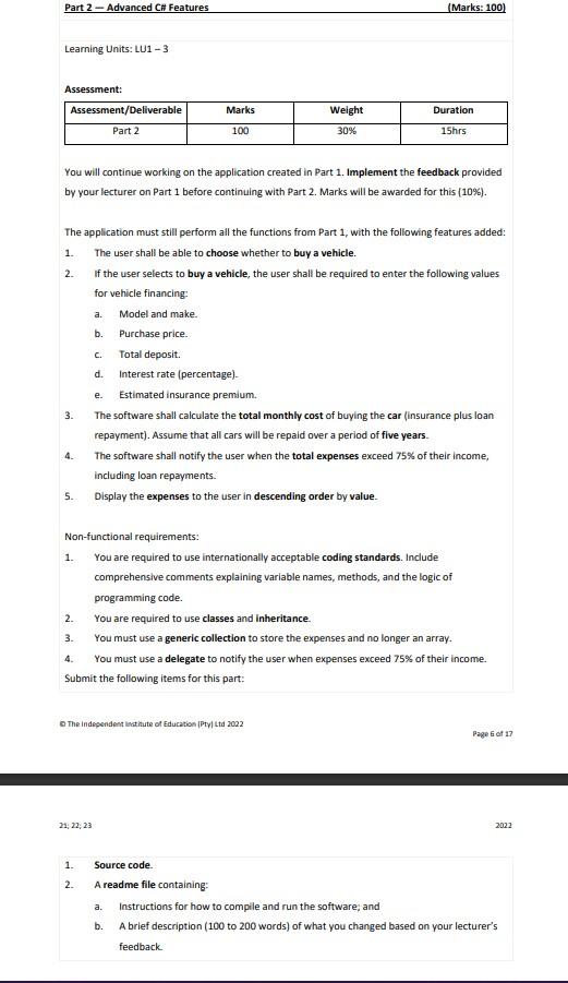 Part 2 Advanced C Features Marks 100 Learning Units Lu1 3 Assessment Marks Weight Duration Assessment Delivera 1