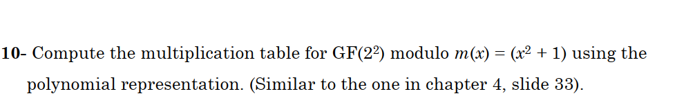 10 Compute The Multiplication Table For Gf 22 Modulo M X X2 1 Using The Polynomial Representation Similar T 1