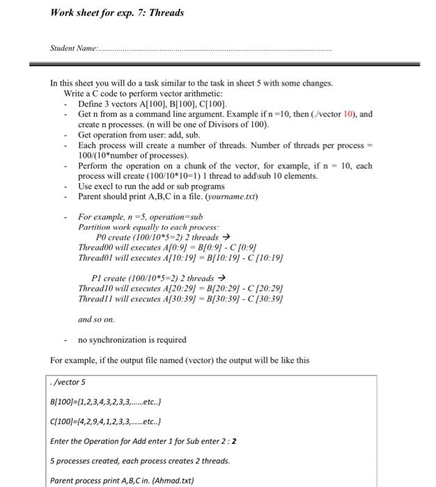 Work Sheet For Exp 7 Threads Student Name In This Sheet You Will Do A Task Similar To The Task In Sheet 5 With So 1