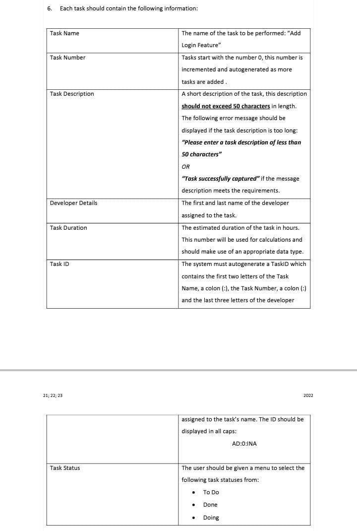 6 Each Task Should Contain The Following Information Task Name The Name Of The Task To Be Performed Add Login Featur 1
