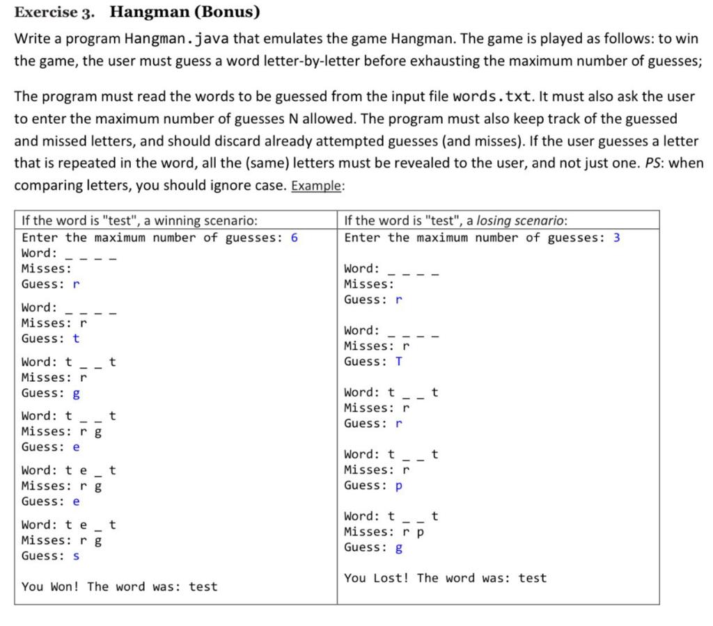 Exercise 3 Hangman Bonus Write A Program Hangman Java That Emulates The Game Hangman The Game Is Played As Follows 1