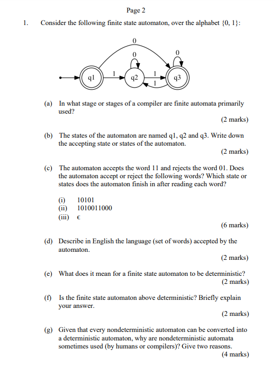 Page 2 Consider The Following Finite State Automaton Over The Alphabet 0 1 1 91 42 93 A In What Stage Or Stages O 1