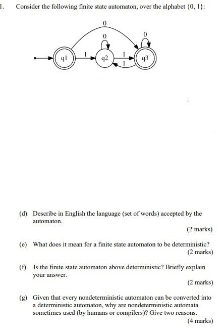 1 Consider The Following Finite State Automaton Over The Alphabet 0 1 91 42 93 D Describe In English The Language 1